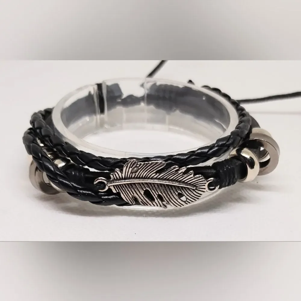 Men's leather bracelet braided layered feather black new e68‎